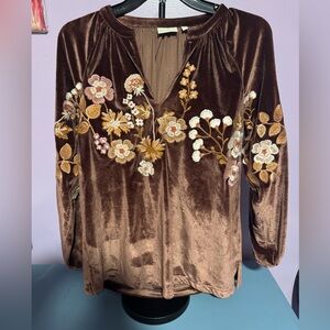 Spartina 449 Brown Velvet Embroidered Floral Blouse
